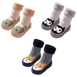 FedMois 3er Pack Baby Socken Hausschuhe Anti-Rutsch gefüttert Hüttenschuh Lauflernschuhe Winter, Hund, Eule und Hamster, Gr. 17 von FedMois