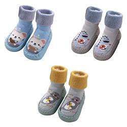 FedMois 3er Pack Baby Socken Hausschuhe Anti-Rutsch gefüttert Hüttenschuh Lauflernschuhe Winter, Maus, Dinosaurier und Vögel, Gr. 17 von FedMois