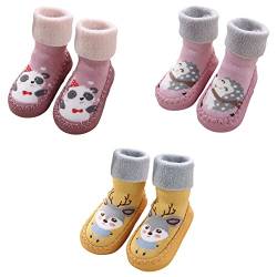 FedMois 3er Pack Baby Socken Hausschuhe Anti-Rutsch gefüttert Hüttenschuh Lauflernschuhe Winter, Reh, Igel und Panda, Gr. 17 von FedMois