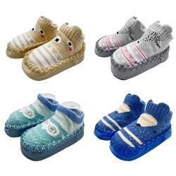 FedMois 4er Pack Baby Socken Hausschuhe Anti-Rutsch Krabbelschuhe Lauflernschuhe, Bär und Eule, 12-18 Monate von FedMois