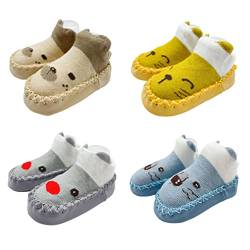 FedMois 4er Pack Baby Socken Hausschuhe Anti-Rutsch Krabbelschuhe Lauflernschuhe, Katze und Bär, 12-18 Monate von FedMois