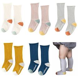FedMois 5er Pack Baby Kleinkinder ABS rutschfeste Socken Knielang Kniestrümpfe Baumwolle, Dreifarbig, 0-1 Jahr von FedMois