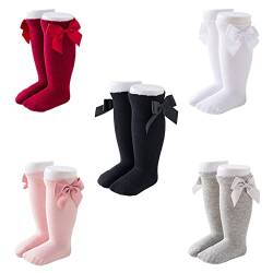 FedMois 5er Pack Baby Kleinkinder ABS rutschfeste Socken Knielang Kniestrümpfe mit Schleife Baumwolle, 0-1 Jahr von FedMois