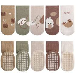 FedMois 5er Pack Baby Kleinkinder ABS rutschfeste Socken Sneaker Socken Tiermotive Baumwolle, Hähnchen, 0-1 Jahr von FedMois