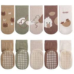 FedMois 5er Pack Baby Kleinkinder ABS rutschfeste Socken Sneaker Socken Tiermotive Baumwolle, Hähnchen, 3-5 Jahre von FedMois