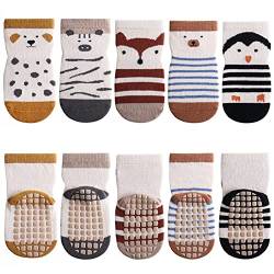 FedMois 5er Pack Baby Kleinkinder ABS rutschfeste Socken Sneaker Socken Tiermotive Baumwolle, Pinguin, 0-1 Jahr von FedMois