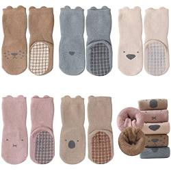 FedMois 5er Pack Baby Kleinkinder ABS rutschfeste Wintersocken dicke Thermosocken Baumwolle, Tiere, 0-1 Jahr von FedMois