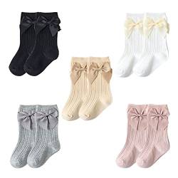 FedMois 5er Pack Baby Kleinkinder Socken Knielang Kniestrümpfe mit Schleife Baumwolle, 0-1 Jahr von FedMois