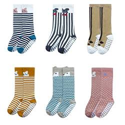 FedMois 6er Pack Baby Kleinkinder ABS rutschfeste Socken Knielang Kniestrümpfe Baumwolle, Tiere, 0-12 Monate von FedMois
