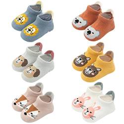 FedMois 6er Pack Baby Kleinkinder ABS rutschfeste Socken Sneaker Socken Tiermotive Baumwolle, Mehrfarbig, 0-1 Jahr von FedMois