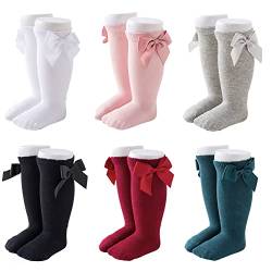 FedMois 6er Pack Baby Kleinkinder Socken Knielang Kniestrümpfe mit Schleife Baumwolle, 0-1 Jahr von FedMois