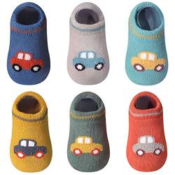 FedMois 6er Pack Baby Kleinkinder Wintersocken antirutsch dicke Thermosocken Sneaker Socken unsichtbar Baumwolle, Autos, 1-3 Jahre von FedMois