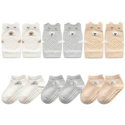 FedMois Baby Kleinkinder ABS rutschfeste Socken + Knieschoner für Krabbelbabys Baumwolle 6er Pack, Grau, Weiß und Beige, 0-9 Monate von FedMois