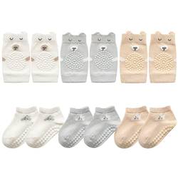 FedMois Baby Kleinkinder ABS rutschfeste Socken + Knieschoner für Krabbelbabys Baumwolle 6er Pack, Grau, Weiß und Beige, 9-18 Monate von FedMois