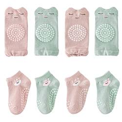 FedMois Baby Kleinkinder ABS rutschfeste Socken + Knieschoner für Krabbelbabys Baumwolle 8er Pack, Baby Mädchen, 0-12 Monate von FedMois