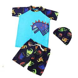 FedMois Kleinkinder Jungen Badeanzug 3-teiliges Schwimmkleidung Set Badeshirt Badeshorts Bademütze, Dinosaurier Blau, Gr. 104/110 (Herstellergröße XL) von FedMois