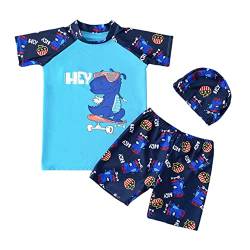 FedMois Kleinkinder Jungen Badeanzug 3-teiliges Schwimmkleidung Set Badeshirt Badeshorts Bademütze, Dinosaurier Skateboard, Gr. 122/128 (Herstellergröße 3XL) von FedMois