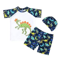 FedMois Kleinkinder Jungen Badeanzug 3-teiliges Schwimmkleidung Set Badeshirt Badeshorts Bademütze, Dinosaurier Weiß, Gr. 122/128 (Herstellergröße 3XL) von FedMois