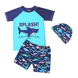 FedMois Kleinkinder Jungen Badeanzug 3-teiliges Schwimmkleidung Set Badeshirt Badeshorts Bademütze, Haie, Gr. 134/140 (Herstellergröße 4XL) von FedMois