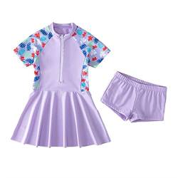 FedMois Mädchen Badeanzug Zweiteiliger Schwimmanzug, Badekleid + Badeshorts, Violett, 3-4 Jahre von FedMois