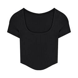 Kurzärmeliges Damen-T-Shirt, einfarbig, Basic-T-Shirt, bauchfreies Top, koreanische Mode, sind erhältlich, für schöne und attraktive Mädchen, schwarz, S von Feegow