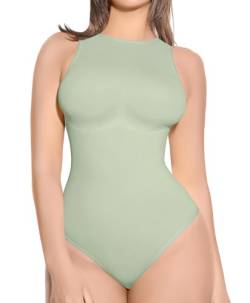 FeelinGirl Shapewear Damen Bauchweg, Nahtloser Bodysuit Ärmellos mit Rundhalsausschnitt, Body Shaper mit Racerback, Bodystring mit Snap-Verschluss Grün M/L von FeelinGirl