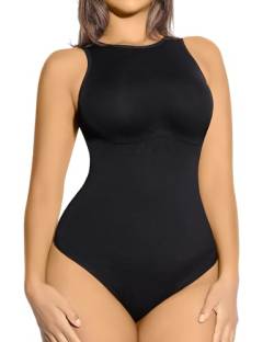 FeelinGirl Shapewear Damen Bauchweg, Nahtloser Bodysuit Ärmellos mit Rundhalsausschnitt, Body Shaper mit Racerback, Bodystring mit Snap-Verschluss Schwarz M/L von FeelinGirl