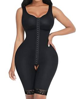 FeelinGirl Shapewear Damen Bauchweg Full Body Shaper mit 3 Haken Verstellbar Miederbody Stark Formend Ganzkörper Schenkel Schlankmacher Po Push Up Überbrust Formende Bodys Schwarz L von FeelinGirl