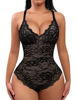 FeelinGirl Shapewear Damen Bauchweg Spitze Bodysuit V-Ausschnitt Shaping Unterwäsche Figurformende Überbrust Body Shaper Stringbody Schritt mit Haken 3XL von FeelinGirl