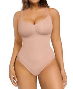 FeelinGirl Shapewear Damen Body Shaper Nahtlos Bauchweg Bodysuit Unterhose Schritt mit Knopfverschluss Miederbody mit Verstellbare Schultergurte Beige M/L von FeelinGirl