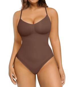 FeelinGirl Shapewear Damen Body Shaper Nahtlos Bauchweg Bodysuit Unterhose Schritt mit Knopfverschluss Miederbody mit Verstellbare Schultergurte Kakao M/L von FeelinGirl