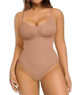 FeelinGirl Shapewear Damen Body Shaper Nahtlos Bauchweg Bodysuit Unterhose Schritt mit Knopfverschluss Miederbody mit Verstellbare Schultergurte Leichter Kaffee M/L von FeelinGirl