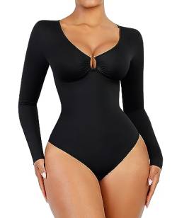 FeelinGirl Top Damen mit Lange Ärmel Shapewear Unterhemd Bauchweg Bodysuit Tiefer V-Ausschnitt Shaping Trägershirt String mit Strasssteinen U-förmiger Metallring Schwarz M von FeelinGirl