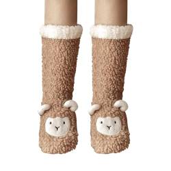 Feelorna Damen Kuschelsocken mit ABS Sohle, flauschige warme Socken für den Winter, rutschfeste Thermo-Pantoffelsocken, dicke warme Wintersocken (Braun, Schaf) von Feelorna