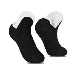 Feelorna Frauen Pantoffeln Socken, Frauen warme Wintersocken, Fleece gefüttert Anti-Rutsch gestrickt dicke Socken für Indoor Home Floor (Schwarz) von Feelorna