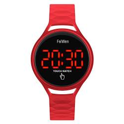 FeiWen Damen Fashion Einfach Touch-Steuerung LED Digital Uhren Gummi Sport Armbanduhr (Rot) von FeiWen