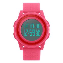 FeiWen Damen Fashion Multifunktional Digitale Uhren Plastik Wählscheiben mit Kautschuk Band Outdoor Sport 50M Wasserdicht Einfach Armbanduhren, Rot von FeiWen