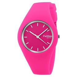 FeiWen Damen und Mädchen Fashion Casual Analog Quartz Uhren 12 Farben Kautschuk Wählscheiben mit Band Minimalismus Dress Armbanduhren, Rose Rot von FeiWen