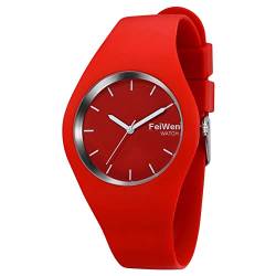 FeiWen Damen und Mädchen Fashion Casual Analog Quartz Uhren 12 Farben Kautschuk Wählscheiben mit Band Minimalismus Dress Armbanduhren, Rot von FeiWen