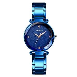 FeiWen Damen und Mädchen Fashion Luxus Analog Quarz Edelstahl Uhren Elegant Casual Kristall Armbanduhren (Blau) von FeiWen