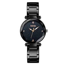 FeiWen Damen und Mädchen Fashion Luxus Analog Quarz Edelstahl Uhren Elegant Casual Kristall Armbanduhren (Schwarz) von FeiWen