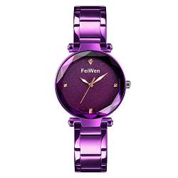 FeiWen Damen und Mädchen Fashion Luxus Analog Quarz Edelstahl Uhren Elegant Casual Kristall Armbanduhren (Violett) von FeiWen
