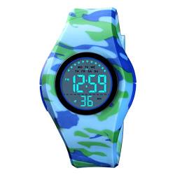 FeiWen Damenuhr Sportuhr LED Digitaluhr Outdoor Wasserdicht Militär Uhren Plastik Wählscheiben mit Kautschuk Band Multifunktiona Armbanduhren (Camo Blau) von FeiWen