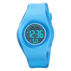 FeiWen Damenuhr Sportuhr LED Digitaluhr Outdoor Wasserdicht Militär Uhren Plastik Wählscheiben mit Kautschuk Band Multifunktiona Armbanduhren (Hellblau) von FeiWen