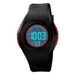 FeiWen Damenuhr Sportuhr LED Digitaluhr Outdoor Wasserdicht Militär Uhren Plastik Wählscheiben mit Kautschuk Band Multifunktiona Armbanduhren (Schwarz rot) von FeiWen