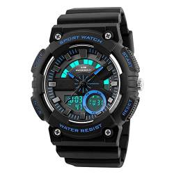 FeiWen Einfach Herren Digitaluhr Outdoor Militär Sportuhr Multifunktional 50M Wasserdicht LED Analog Quarz Uhren 50M Wasserdicht Plastik Schale mit Kautschuk Band Armbanduhren, Blau von FeiWen