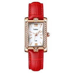 FeiWen Fashion Damen Analog Quarz Armbanduhren Gold Edelstahl mit Leder Band Elegant Casual Uhren (Rot) von FeiWen