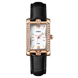 FeiWen Fashion Damen Analog Quarz Armbanduhren Gold Edelstahl mit Leder Band Elegant Casual Uhren (Schwarz) von FeiWen
