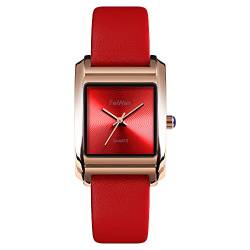 FeiWen Fashion Damen Analog Quarz Elegant Uhren Minimalismus Gold Edelstahl Wählscheiben mit Leder Band Luxuriös Business Armbanduhren (Rot) von FeiWen