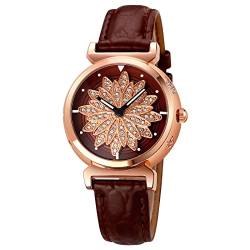FeiWen Fashion Damenuhr Analog Quarz Elegant Uhren Gold Edelstahl mit Leder Band Business Armbanduhren (Braun) von FeiWen